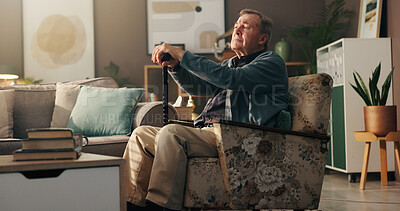 Buy stock photo Remember, memory and old man with cane in home, sad or senior patient with Alzheimer and retirement. Unhappy, reflection and elderly person with dementia in living room, depressed and lonely in house