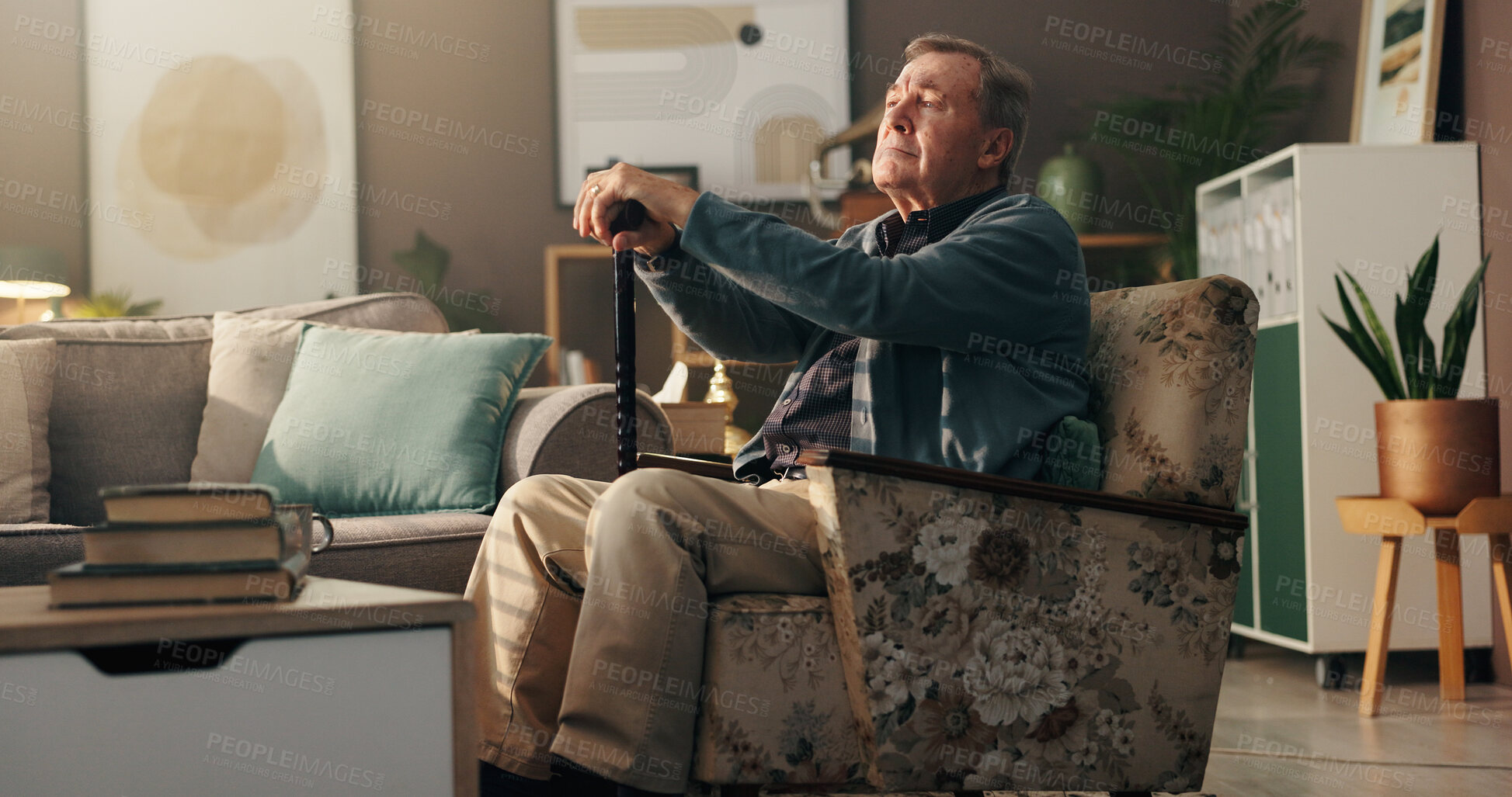 Buy stock photo Remember, memory and old man with cane in home, sad or senior patient with Alzheimer and retirement. Unhappy, reflection and elderly person with dementia in living room, depressed and lonely in house