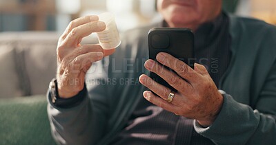 Buy stock photo Hands, pills and phone on sofa with search for prescription, ingredients or label for side effects. Senior person, medicine bottle and smartphone on mobile app, online shopping or retirement in home