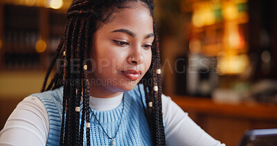 Buy stock photo Student, research and reading with woman in cafe for online report, college schedule and planning. University application, laptop and elearning with person studying in coffee shop for assignment