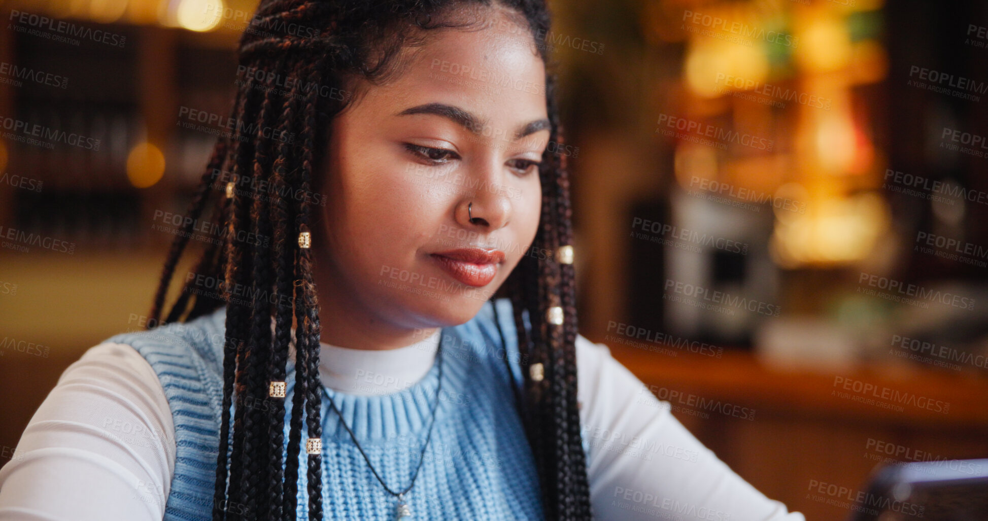 Buy stock photo Student, research and reading with woman in cafe for online report, college schedule and planning. University application, laptop and elearning with person studying in coffee shop for assignment