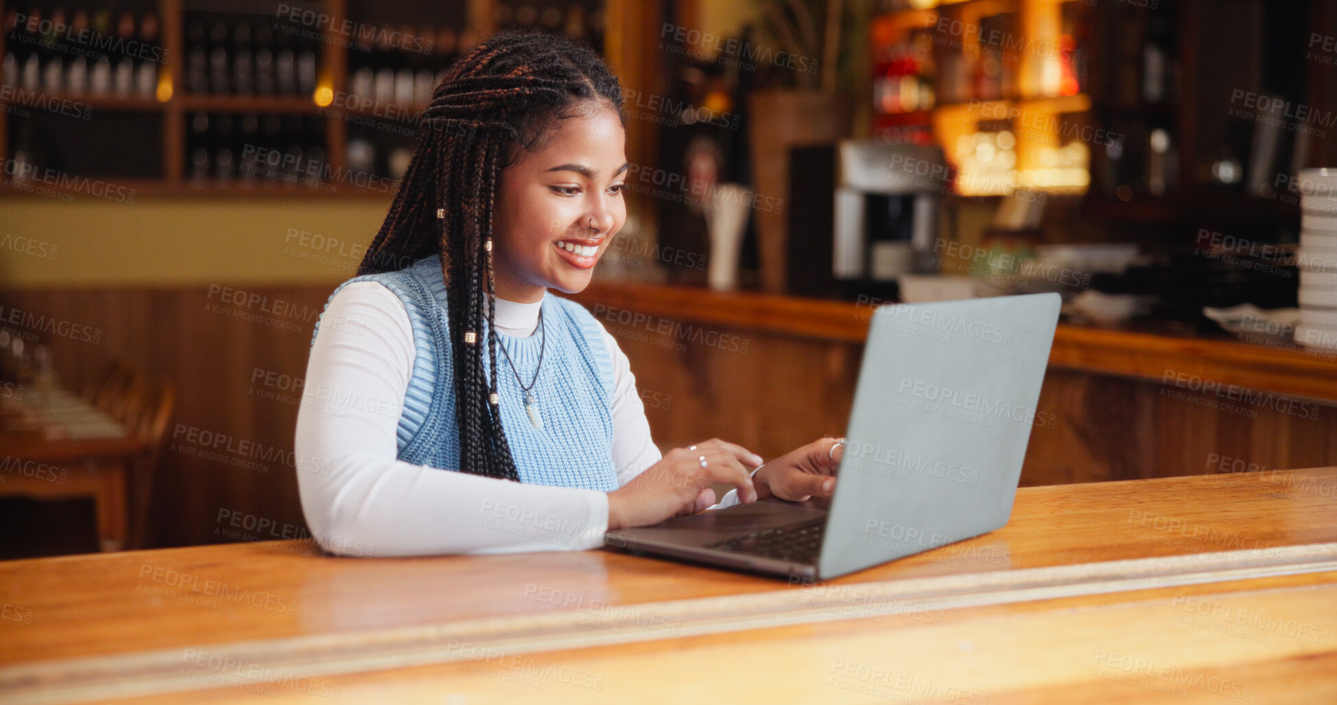 Buy stock photo Student, laptop and woman in cafe, smile and research for university project, internet and scholarship. Happy, pc and person in restaurant, connection and education with email for assignment results