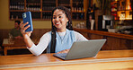 Selfie, happy and student in coffee shop with smile for social media, online post and internet. Restaurant, photo and woman with laptop on break for education, distance learning and school project