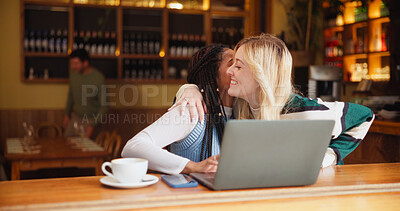 Buy stock photo Women, friends and hug in coffee shop with laptop, break or bonding together. Girls, technology and embrace in cafe for catchup, communication and social gathering with latte for gossip discussion