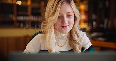 Buy stock photo Student, coffee shop and woman on laptop for online learning, education and assignment in cafe. Restaurant, reading and person on computer for school project, research and university submission
