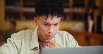 Buy stock photo Man, thinking and laptop with idea in coffee shop for small business vision or startup. Male person, freelancer or contemplating with computer in restaurant for online service or network at cafe