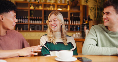 Buy stock photo Laughing, relax and happy with friends in cafe for social reunion, bonding and conversation. Funny, communication and gossip with group of people in coffee shop for hospitality, diner and support