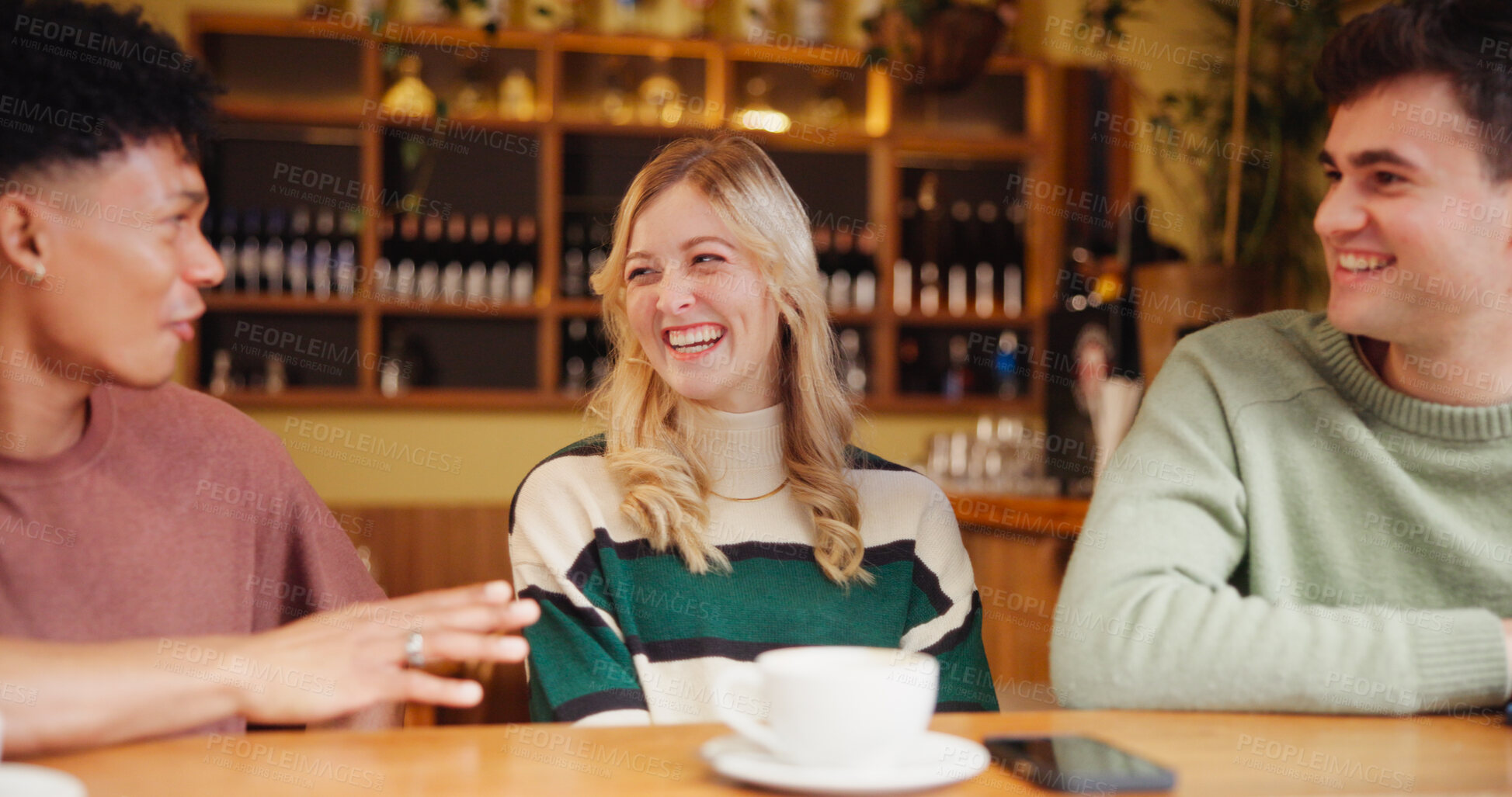 Buy stock photo Laughing, relax and happy with friends in cafe for social reunion, bonding and conversation. Funny, communication and gossip with group of people in coffee shop for hospitality, diner and support