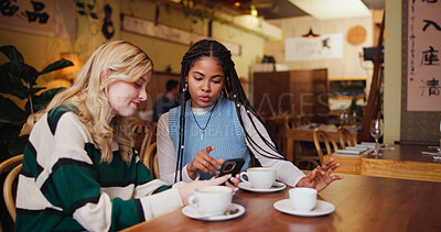 Buy stock photo Coffee shop, friends and women with phone for relax, bonding or post review on social media. Mobile, conversation and girls together in restaurant for internet gossip, blog or show story for hangout