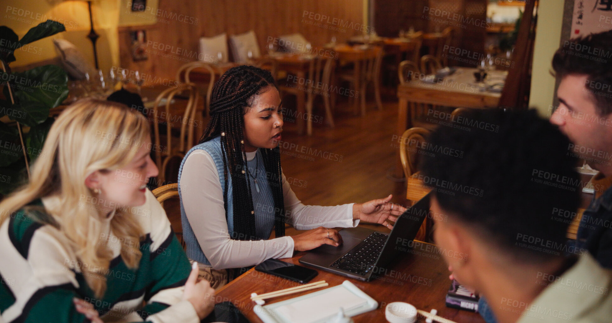 Buy stock photo Group, students and studying with laptop in restaurant for learning, education or course research. College friends, computer and people in cafe for test discussion, knowledge or teamwork for project