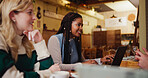 Business people, laptop and women in cafe, conversation and planning for media release. Employees, journalist or coworkers in restaurant, pc or brainstorming for creative project, startup or feedback