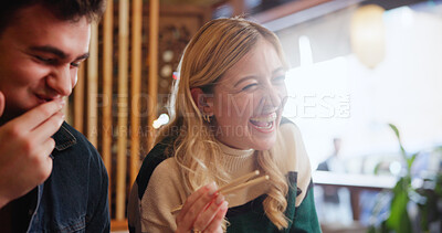 Buy stock photo People, eating and laugh with food at restaurant for lunch, bonding together and birthday event. Happy, friends and funny joke with sushi, local asian cuisine and dinner date for social celebration