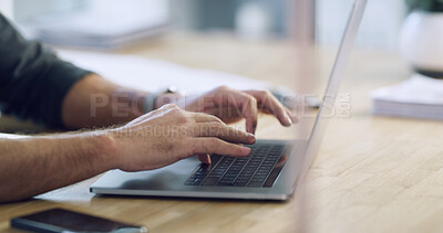 Buy stock photo Laptop, business man and hands typing email, report or content writing on internet in office. Keyboard, computer and copywriter at desk for work, review article and editing creative blog for project