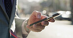 Business person, hands and scroll with phone in city for chat, online research and text message on street. Travel, professional and smartphone in urban town for checking schedule on morning commute