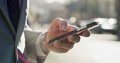 Buy stock photo Business person, hands and scroll with phone in city for chat, online research and text message on street. Travel, professional and smartphone in urban town for checking schedule on morning commute