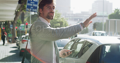 Buy stock photo Businessman, phone and wave at taxi in city, travel and stop for commute to workplace. Person, smartphone and hand gesture in urban town with mobile app, ride and transport with sign on sidewalk