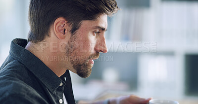 Buy stock photo Thinking, coffee and business man in office with vision, decision and planning with morning beverage. Idea, drink and serious employee with reflection in workplace, insight and inspiration with cup