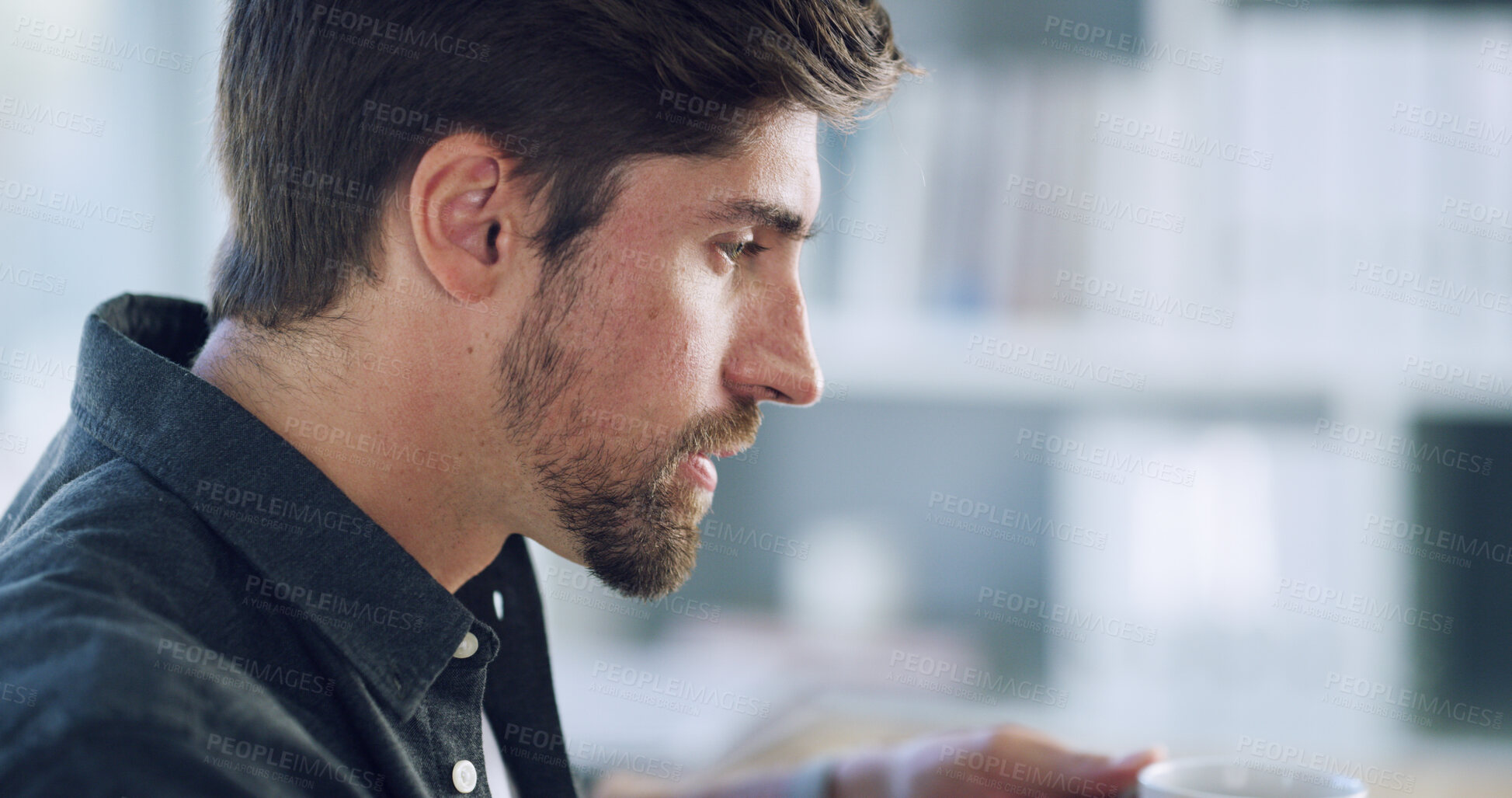 Buy stock photo Thinking, coffee and business man in office with vision, decision and planning with morning beverage. Idea, drink and serious employee with reflection in workplace, insight and inspiration with cup