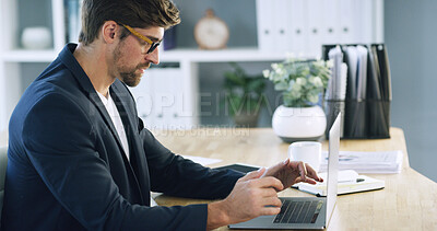 Buy stock photo Businessman, thinking and laptop with typing in office for payroll management, research and email. Accountant, professional and tech at firm for financial development and growth opportunity idea