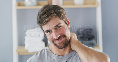 Buy stock photo Portrait, smile and skincare with man in bathroom for beauty, morning routine and pride. Self care, dermatology and beard grooming with male person in home for confidence, hygiene and aesthetic