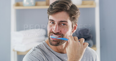 Buy stock photo Happy man, portrait and brushing teeth in morning for dental care, hygiene or oral health in home. Male person, toothbrush and cleaning mouth in POV for gum wellness, fresh breath or routine in house