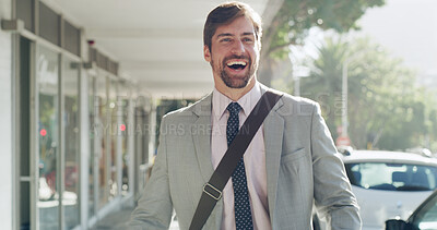 Buy stock photo City, travel and happy business man on morning commute for work, career and finance opportunity. Professional, financial consultant and person in town with confidence, pride and excited for job