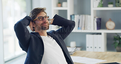Buy stock photo Happy businessman, thinking and relax with rest for deadline success, completion or break in office. Man, employee or stretch in wonder for finished tasks, done project or accomplishment in workplace