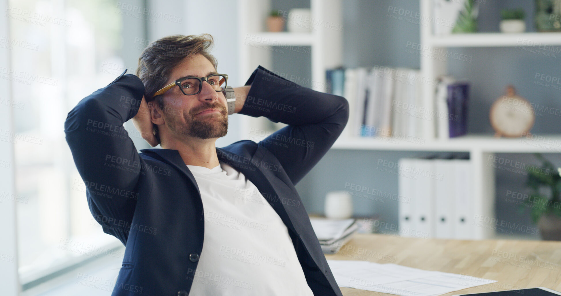 Buy stock photo Happy businessman, thinking and relax with rest for deadline success, completion or break in office. Man, employee or stretch in wonder for finished tasks, done project or accomplishment in workplace