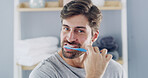 Man, portrait and brushing with toothbrush for dental care, hygiene or oral health in bathroom. Male person, mouth and cleaning teeth in POV for gum wellness, fresh breath or morning routine in home