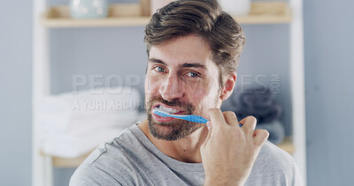 Buy stock photo Man, portrait and brushing with toothbrush for dental care, hygiene or oral health in bathroom. Male person, mouth and cleaning teeth in POV for gum wellness, fresh breath or morning routine in home
