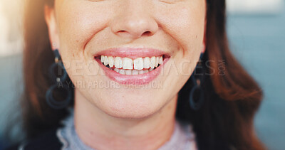 Buy stock photo Teeth, mouth and closeup of woman at dentist for dental care, health and fresh breath. Cleaning, tooth whitening and happy person for oral hygiene, orthodontics and wellness with face cosmetics
