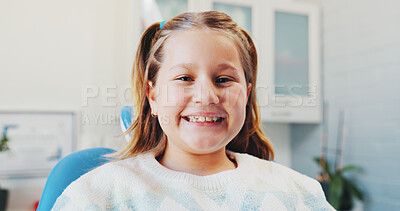 Buy stock photo Happy girl, portrait and patient with teeth for dental hygiene, checkup or appointment at clinic. Child, kid or smile with mouth for medical orthodontist, tooth surgery or oral and gum healthcare