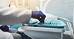 Appointment, consulting and hand of dentist in office for cleaning, healthcare or medical checkup. Dental hygiene, equipment or tools with medicine professional in clinic for oral exam and tooth care