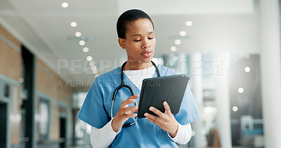 Buy stock photo Healthcare, nurse and black woman in hospital, tablet and email for research mission. African person, employee and professional in clinic, tech and digital app for schedule, medical service and info