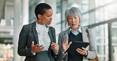 Buy stock photo Business, tablet and women in lobby, collaboration and online investment with inflation report. Teamwork, coaching or financial advisors with tech, feedback and app for economy analysis and mentor