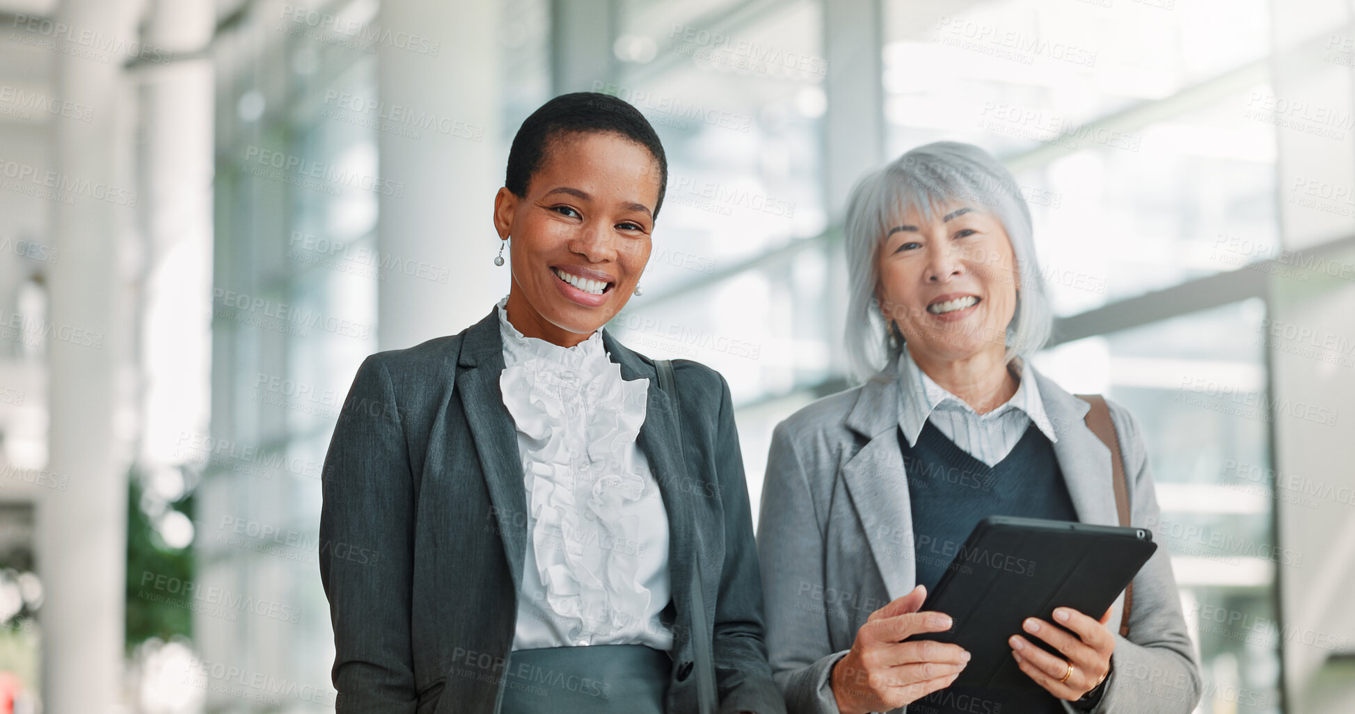 Buy stock photo Hallway, tablet and women with collaboration, portrait and online investment with inflation analysis. Teamwork, people or financial advisors in office, tech or digital app for economy report or smile