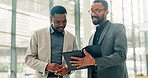 Business, tablet or men in hallway conversation or online investment with feedback. Employees, black people or financial advisor in office, tech or digital app for inflation report or profit analysis