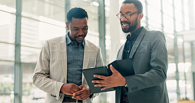 Buy stock photo Business, tablet or men in hallway conversation or online investment with feedback. Employees, black people or financial advisor in office, tech or digital app for inflation report or profit analysis