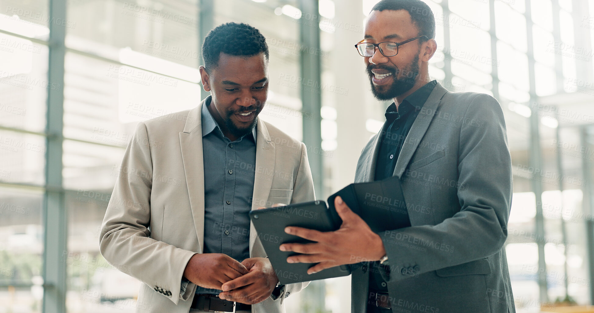 Buy stock photo Business, tablet or men in hallway conversation or online investment with feedback. Employees, black people or financial advisor in office, tech or digital app for inflation report or profit analysis