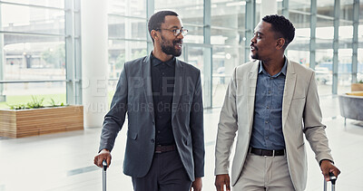 Buy stock photo Business travel, team and men with luggage, talk and international trip for case and colleagues. Black people, walk and commuting with suitcase for journey, attorney and collaboration for trial