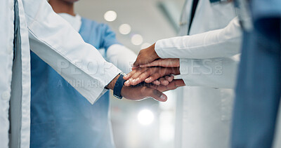 Buy stock photo Hands stack, doctor and group in hospital, meeting and team with support for healthcare or together. Collaboration, medical professional and people with motivation in clinic, specialist or colleagues