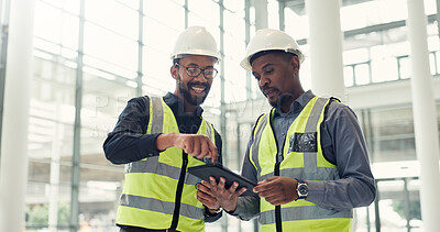 Buy stock photo Engineer, tablet and team planning for building inspection, maintenance and discussion. Happy African men, architect and collaboration for construction project, industrial development or tech repairs