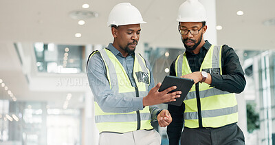 Buy stock photo Engineer, tablet and team conversation for building inspection, maintenance and planning. African men, architect and collaboration for construction project, industrial development or tech repairs