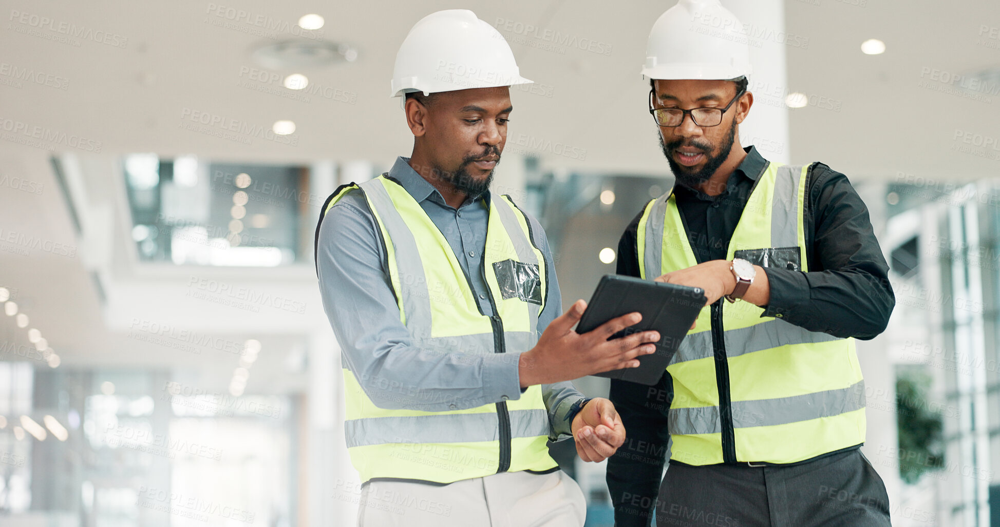 Buy stock photo Engineer, tablet and team conversation for building inspection, maintenance and planning. African men, architect and collaboration for construction project, industrial development or tech repairs