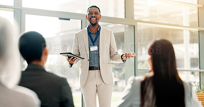 Buy stock photo Tablet, businessman and presentation in conference room with team at financial workshop. Tech, smile and presenter in office meeting for economy growth, investment planning or training with proposal