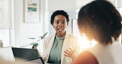 Buy stock photo Finance, laptop and meeting with business people in office together for collaboration or planning, Computer, investment or trading with employee team in workplace for financial or wealth management