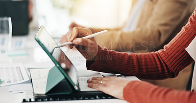 Buy stock photo Business, hands and people with tablet in meeting for writing notes, finance insight or feedback. Financial team, digital app or stylus in office for project management, review or investment planning
