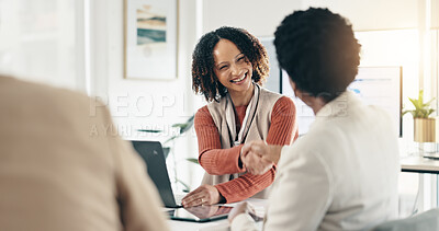 Buy stock photo Smile, business women and handshake for deal, partnership and financial agreement for company sale. Happy buyer, investor and shaking hands for equity purchase, b2b acquisition or thank you for offer