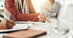 Hands, business people and team planning with paperwork in meeting for accounting strategy. Group, document or financial discussion in office for bookkeeping, audit or brainstorming for budget review