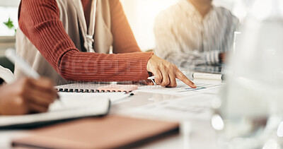 Buy stock photo Hands, business people and team planning with paperwork in meeting for accounting strategy. Group, document or financial discussion in office for bookkeeping, audit or brainstorming for budget review